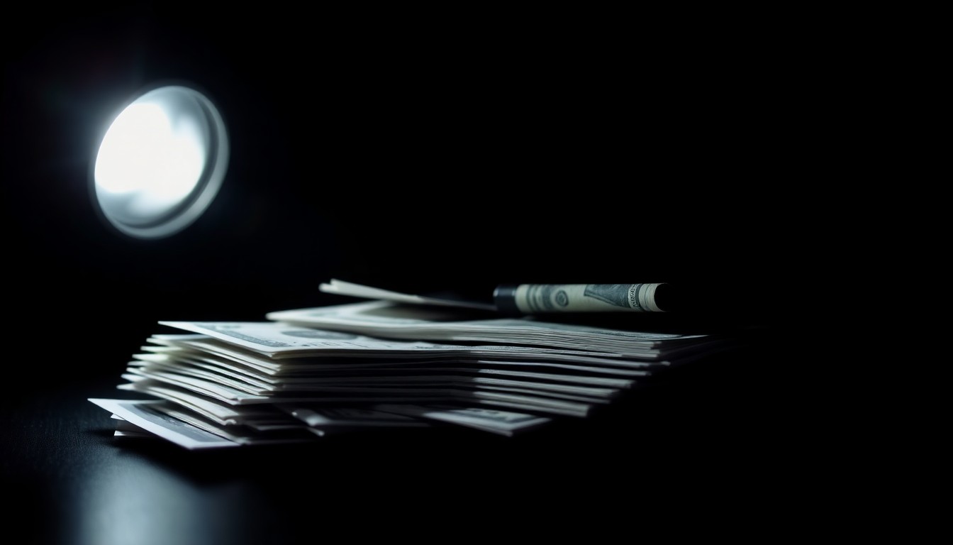 An extreme close-up photograph of a stack of cash and financial documents lit by a harsh, direct camera flash against a pitch-black background, conceptually illustrating the misuse of public funds intended for social services.