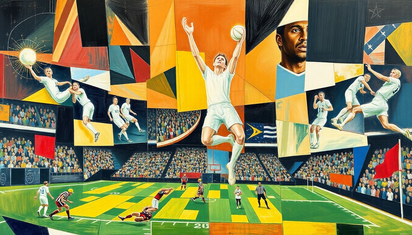 A cubist, geometric painting depicting a football game or match, with the players and field broken down into sharp, overlapping planes of color and shape, conveying the complex dynamics of the Saints' quarterback depth chart.