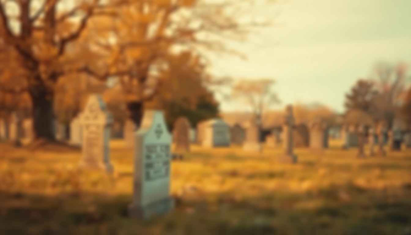 An abstract, out-of-focus photograph in warm tones depicting the blurred silhouettes of headstones and trees, conveying a sense of quiet remembrance.