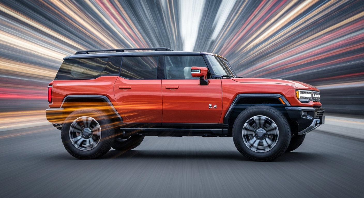 An abstract, colorful blur of motion depicting a GMC Hummer electric SUV, conveying the speed and engineering of modern electric vehicles.
