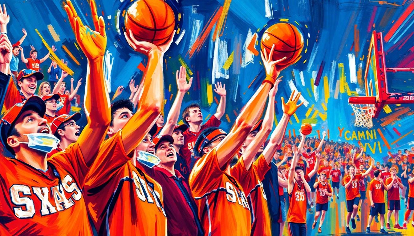 An abstract, energetic painting featuring bold brushstrokes in neon shades of orange, blue, and purple, conveying the excitement and enthusiasm of Syracuse basketball fans.