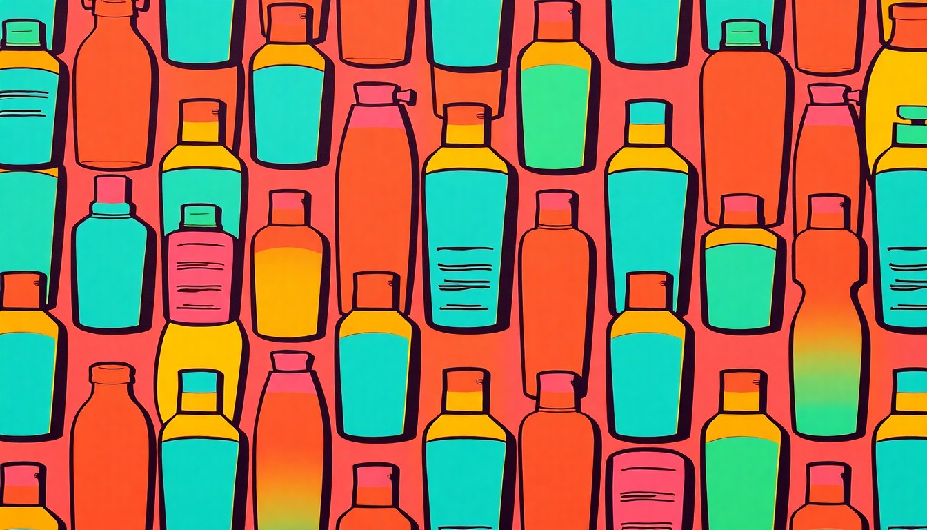 A brightly colored, high-contrast silkscreen print of a sunscreen bottle repeated in a tight grid pattern, utilizing flat, vibrant neon color palettes overlapping with heavy black photographic outlines to turn an everyday skincare item into modern pop art.