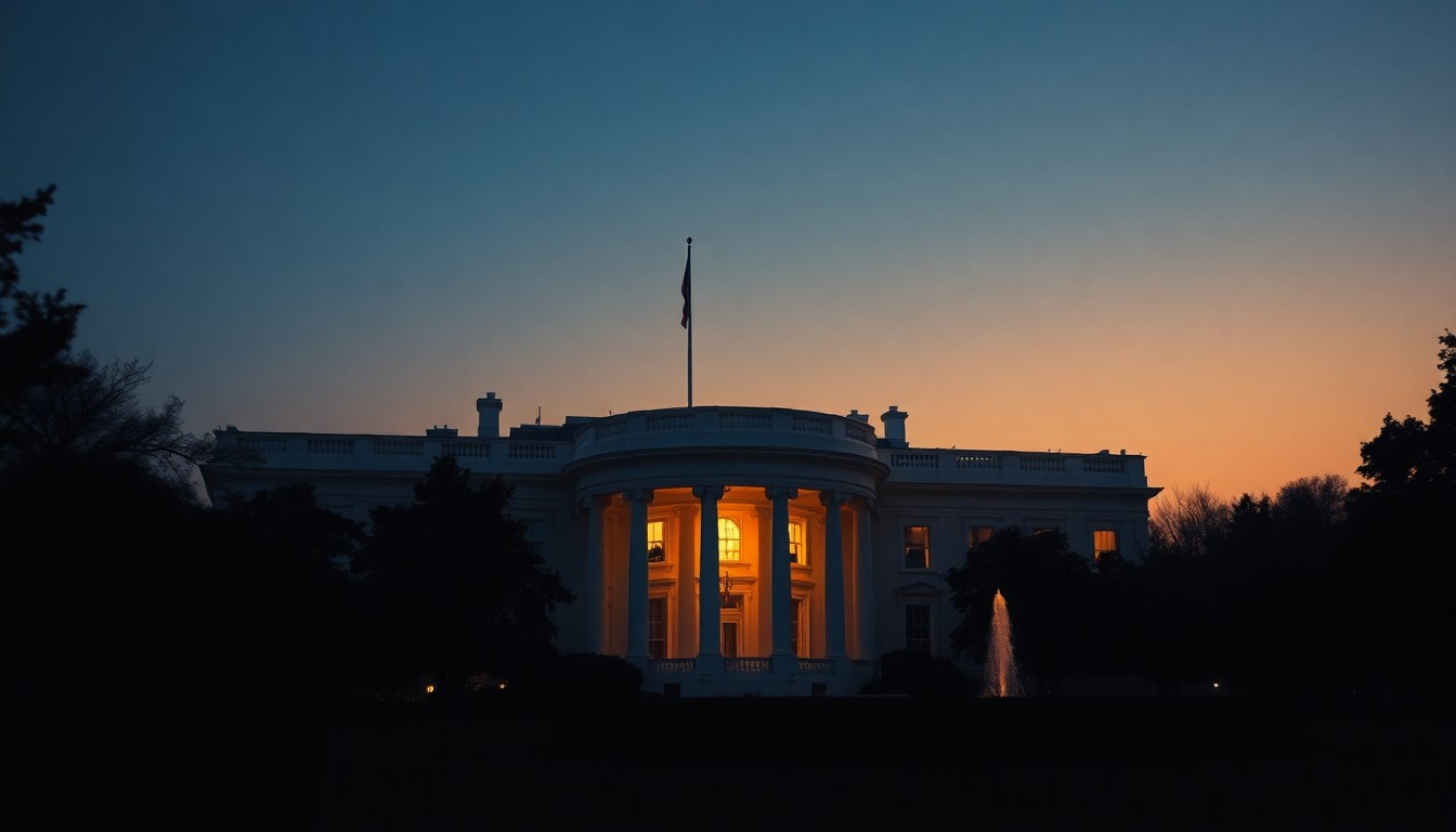 A serene, painterly image of the White House at dusk, with the building's iconic facade and grounds rendered in warm, muted tones and deep shadows, conveying a sense of political tension and uncertainty.