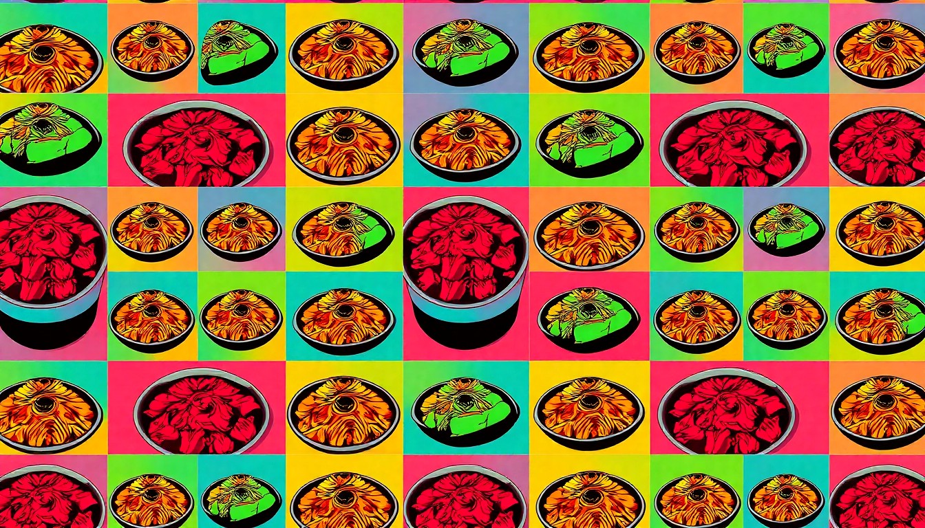 A high-contrast, brightly colored silkscreen print of a single, iconic Sichuan dish like mapo tofu or Chongqing chicken repeated in a tight grid pattern, capturing the bold flavors and vibrant energy of the new Mountain House location in Monterey Park.