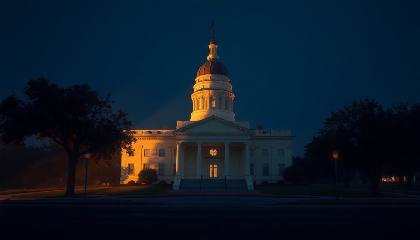 A serene, painterly depiction of the Louisiana state capitol building in warm, golden light, conveying a sense of thoughtful deliberation around the state's tax policies.