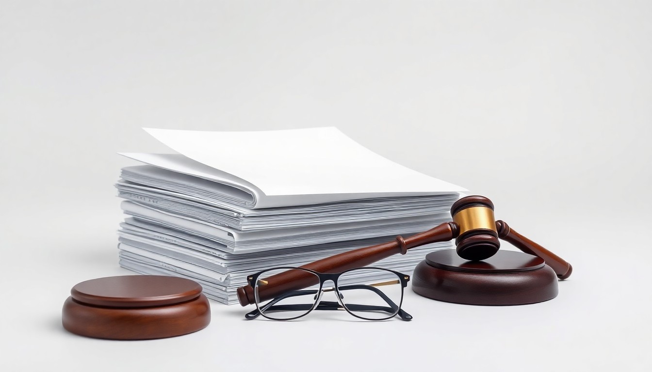 A minimalist studio still life photograph featuring a stack of legal briefs, a gavel, and a pair of reading glasses, symbolizing the high-level appellate advocacy and legal strategy that the new team at Norton Rose Fulbright will bring to their clients' most consequential legal challenges.