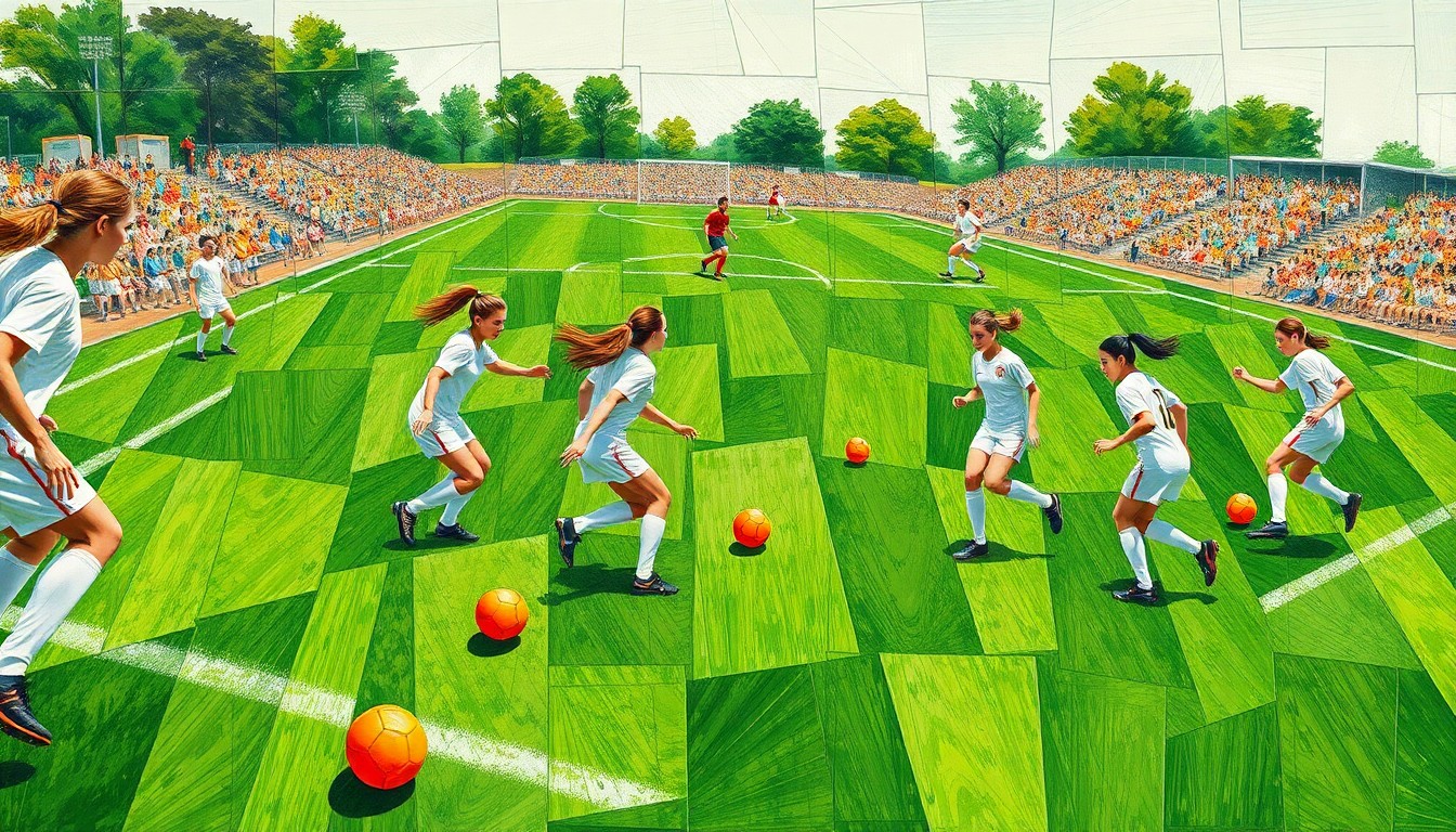A fragmented, geometric painting depicting the chaotic action of a high school soccer match, with overlapping planes of green grass, white uniforms, and orange soccer balls, conveying the intensity and emotion of the Lady Spartans' heartbreaking loss.