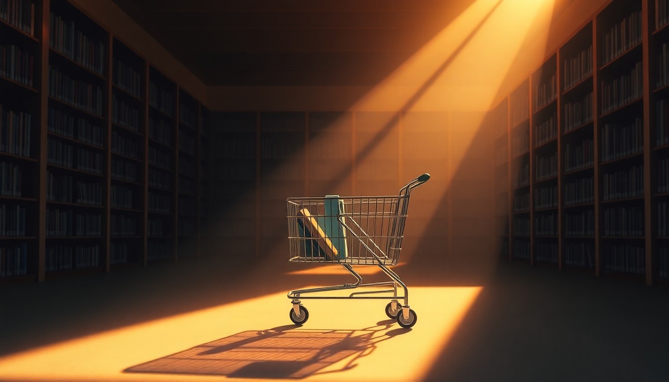 A warm, cinematic painting depicting a solitary library book cart in a quiet, sunlit room, conveying the somber mood of a censorship conflict.