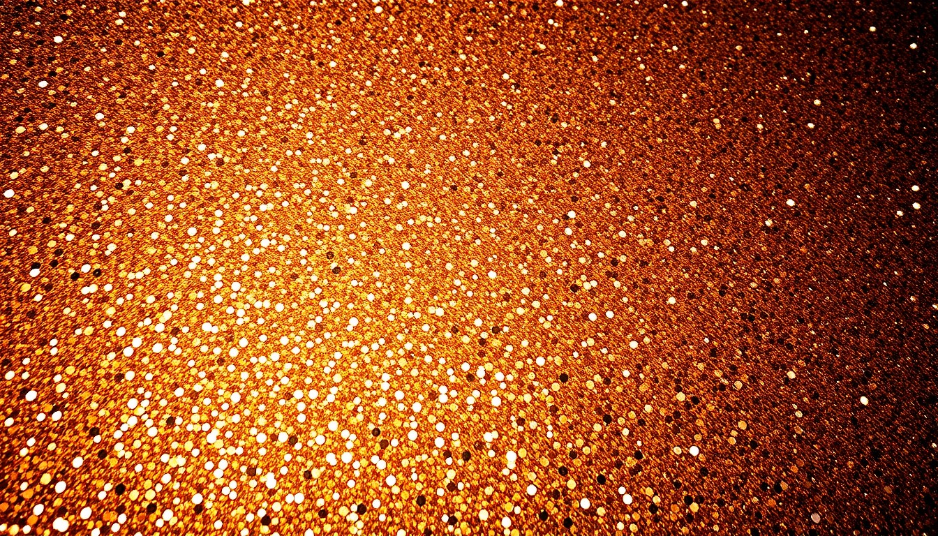 An extreme close-up of a shimmering, sequined fabric texture in warm metallic tones, captured with dramatic studio lighting to create a high-fashion, glamorous aesthetic that evokes the spirit of country music's golden era.