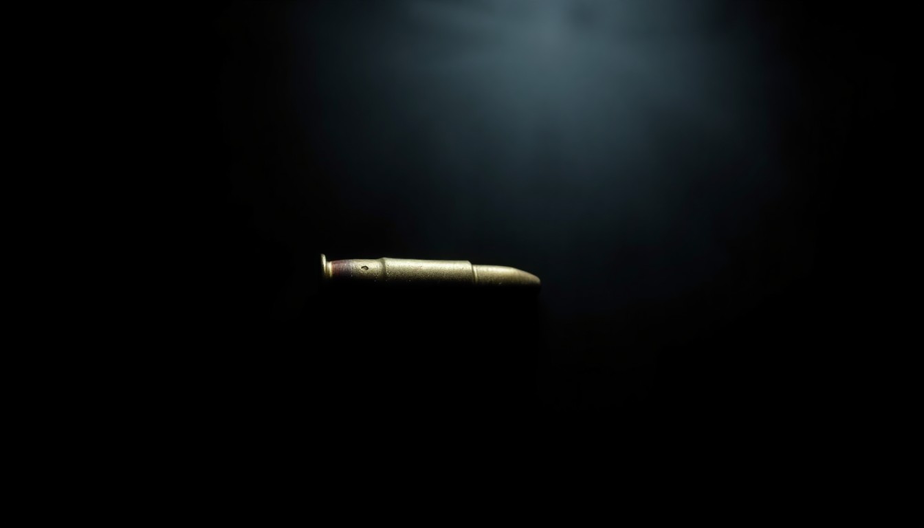 An extreme close-up photograph of a spent bullet casing against a pitch-black background, lit by a harsh, direct camera flash, creating a stark, gritty, investigative aesthetic.