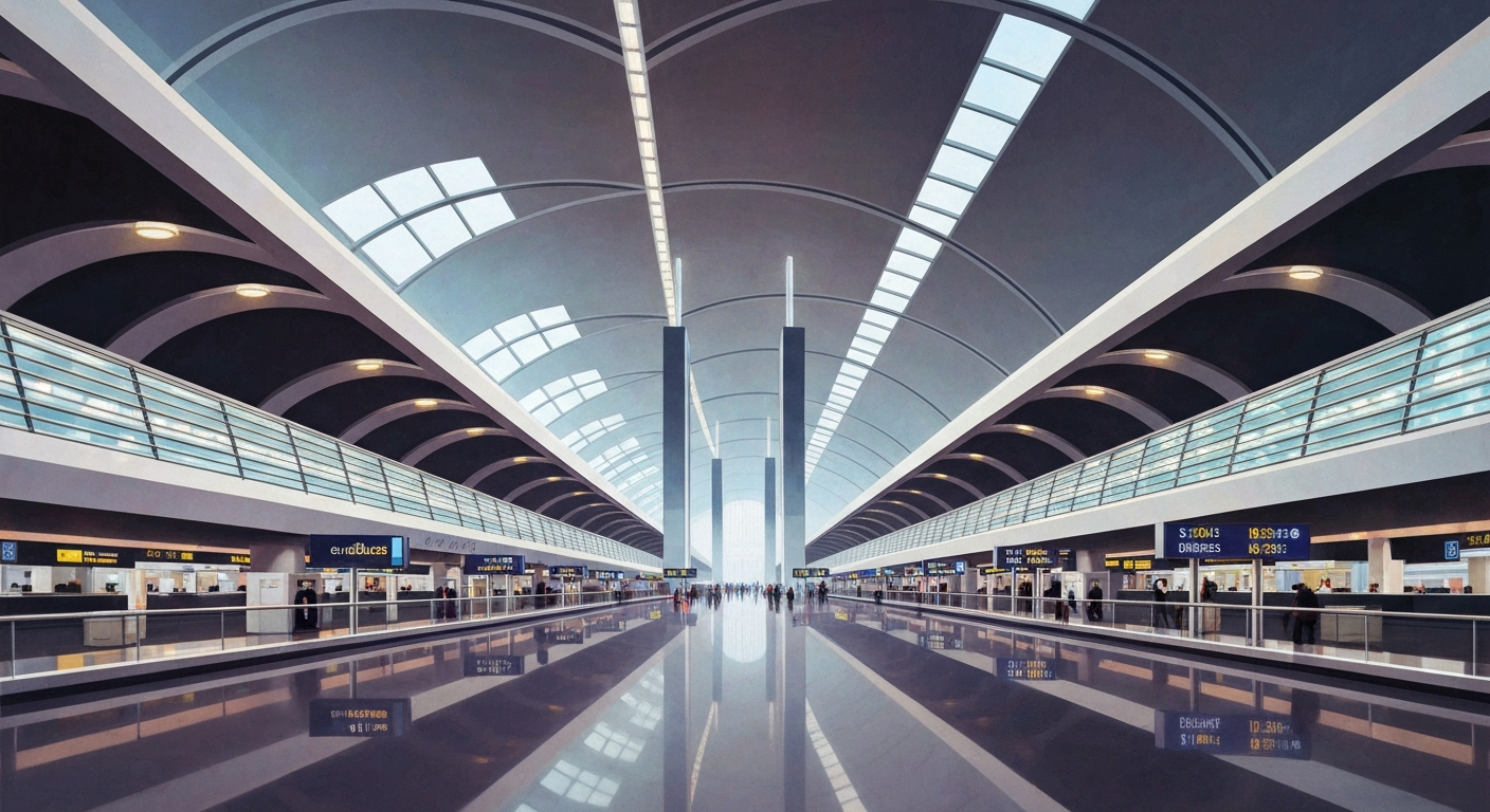 A highly stylized, geometric illustration depicting the grand scale and forced perspective of a busy airport terminal, with sweeping airbrushed gradients and sleek, streamlined architectural forms, conveying the sense of disruption and uncertainty surrounding air travel due to ongoing TSA staffing issues.