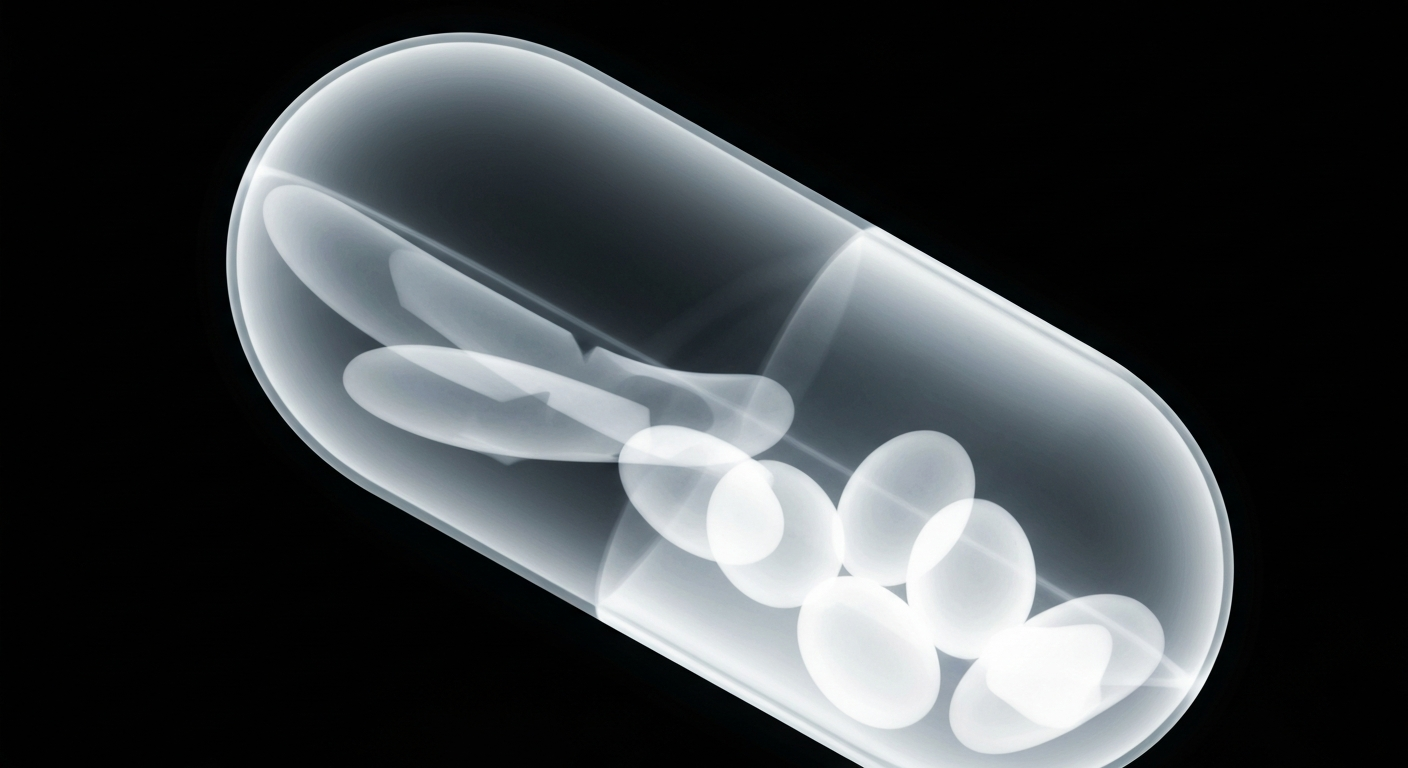 A ghostly, translucent X-ray photograph revealing the internal structure of a male enhancement supplement capsule, with the capsule's contents visible as faint, luminous lines and shapes against a dark background, conceptually illustrating the importance of understanding a supplement's ingredients.