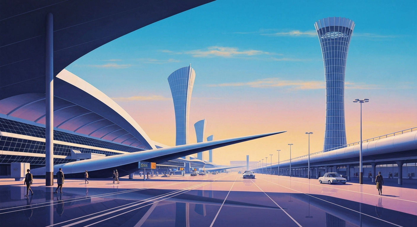 A bold, geometric illustration in the Art Deco style depicting the grand scale of an airport terminal, with sweeping gradients and streamlined forms, conceptually representing the unusual incident of a passenger wearing a cat on their head at the gate.