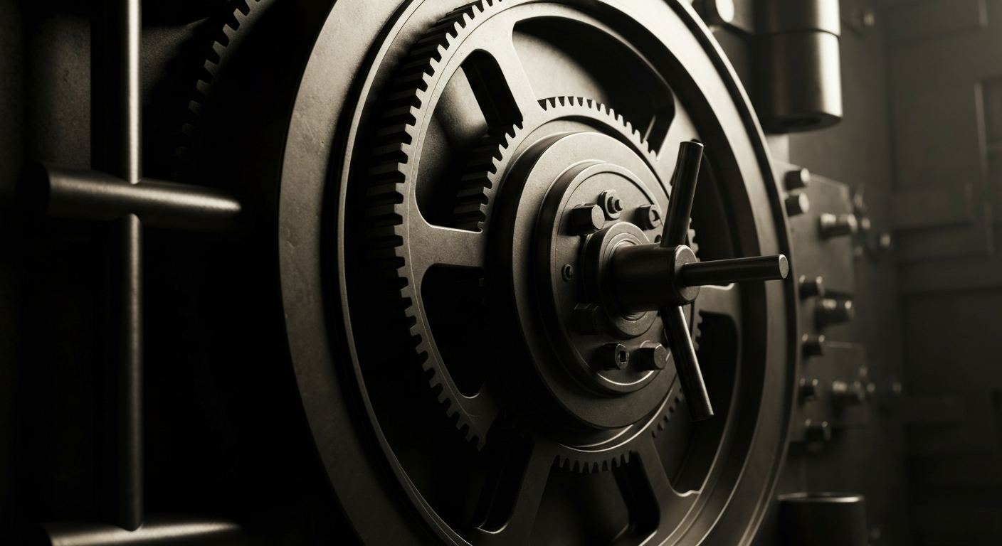 An extreme close-up of the heavy, industrial machinery and gears that make up the inner workings of a large bank vault door, conveying a sense of the secure, high-stakes financial world.
