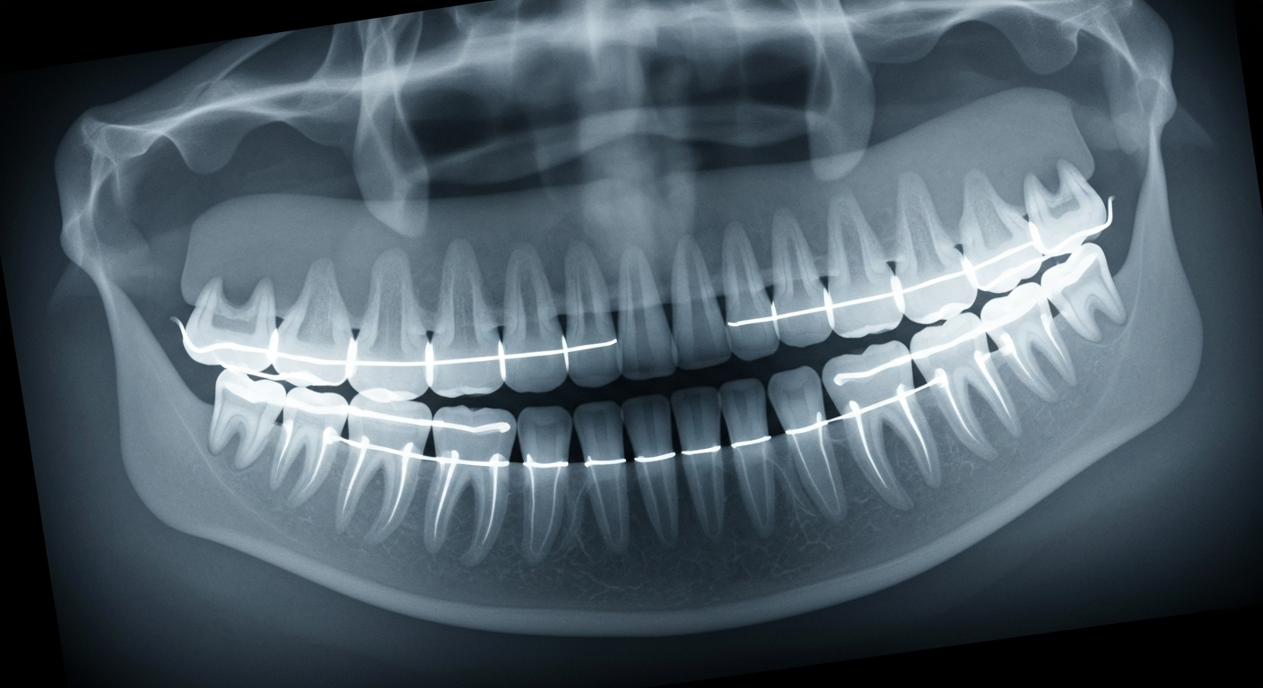 A ghostly, translucent X-ray photograph showing the internal structures of teeth in various stages of orthodontic treatment, with glowing lines highlighting the gradual straightening process.