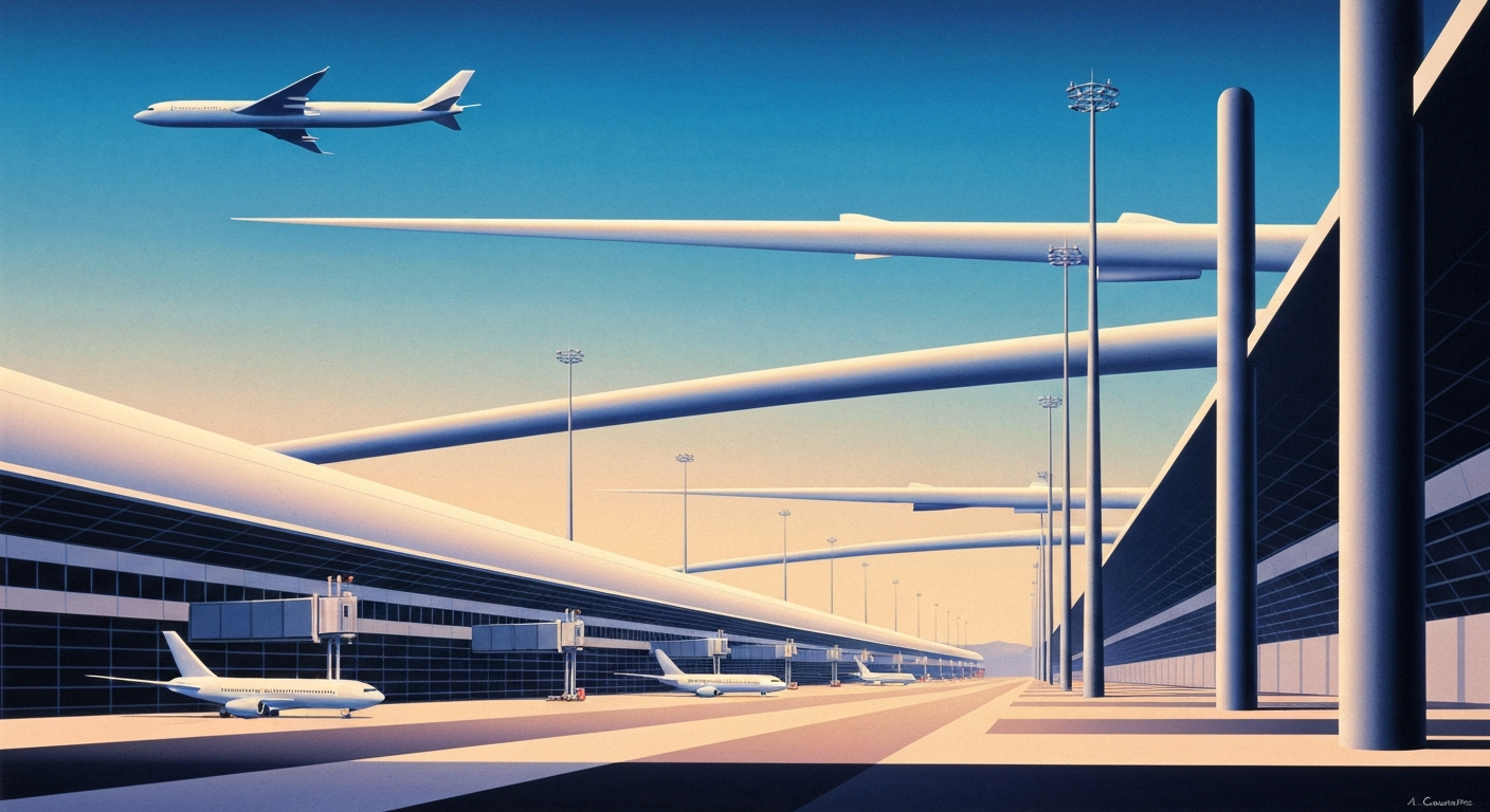 A highly stylized, abstract illustration depicting the sweeping, streamlined forms of an airport terminal or runway, rendered in bold, geometric shapes and smooth gradients of color to capture the grand scale and romance of air travel without any literal depictions.