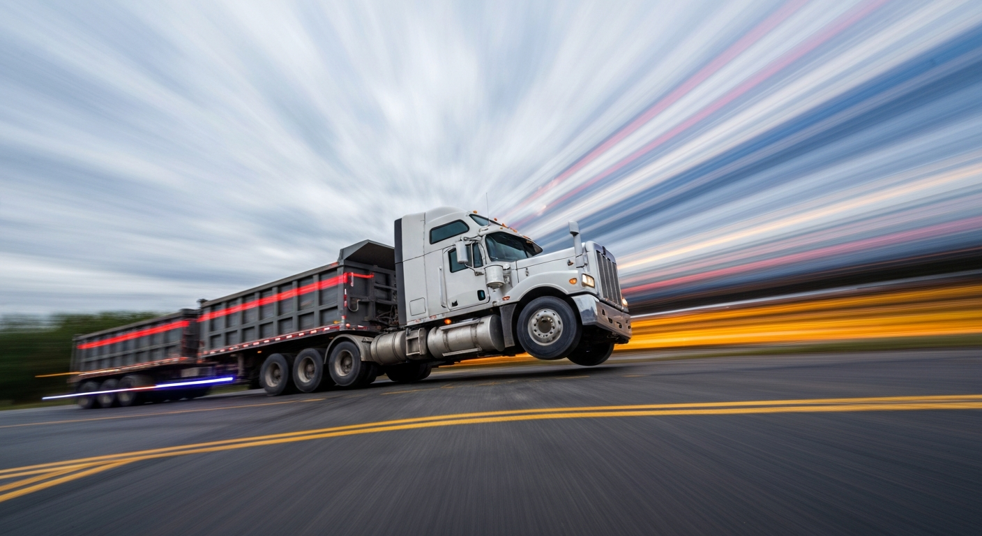 An abstract, blurred image of a semi-truck rolling over on a road, conveying a sense of speed, chaos, and the dramatic nature of the incident through sweeping streaks of vibrant color.