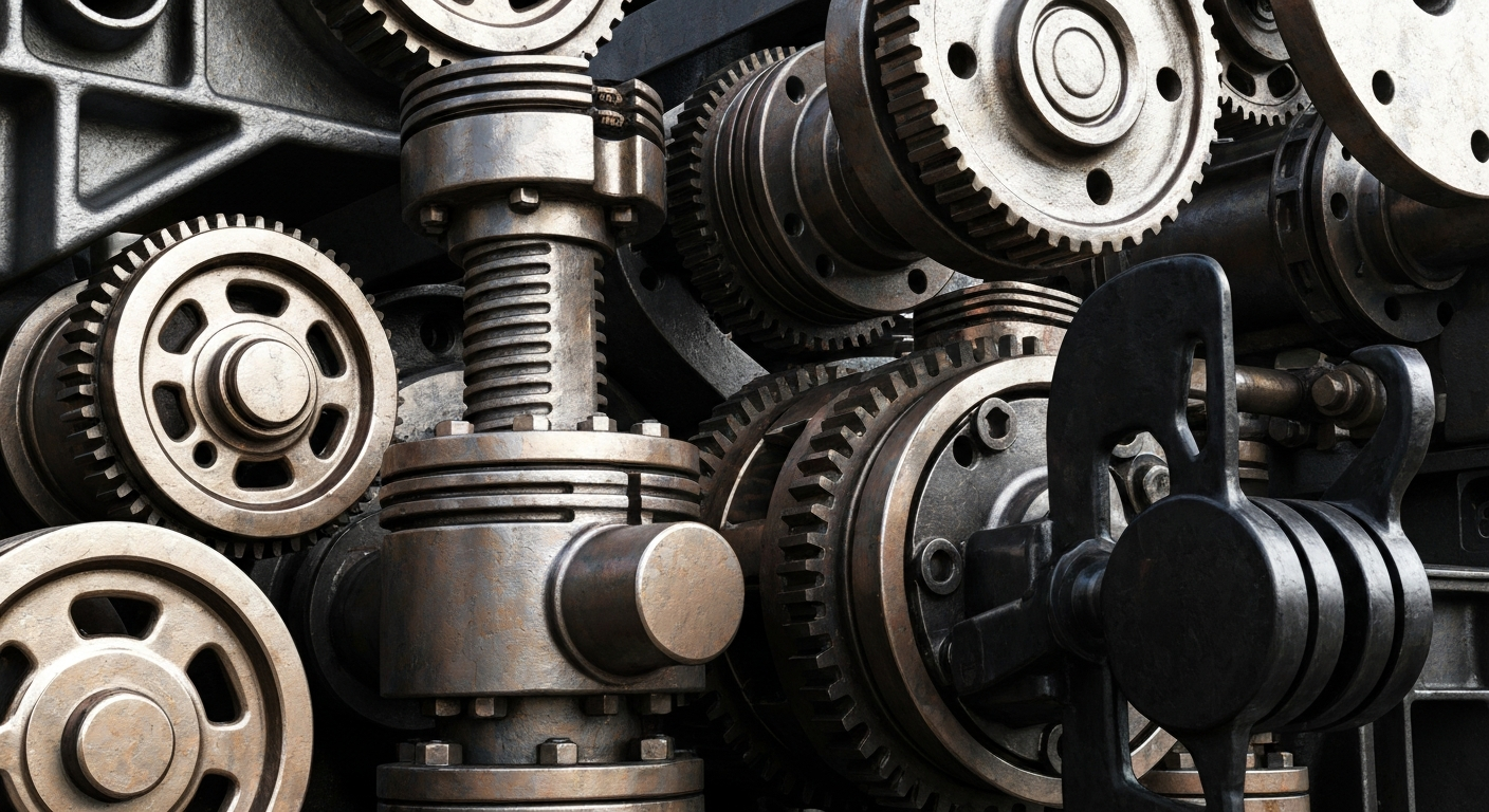 An extreme close-up of a complex, industrial oil pump mechanism, with gears, pistons, and valves in shades of steel grey, bronze, and black, conveying a sense of power and scale behind the global oil trade.