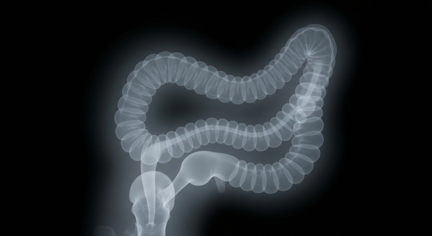 A translucent, ghostly X-ray image showing the detailed structure of a human colon, conveying the clinical nature of the story's focus on early cancer detection through preventive care.