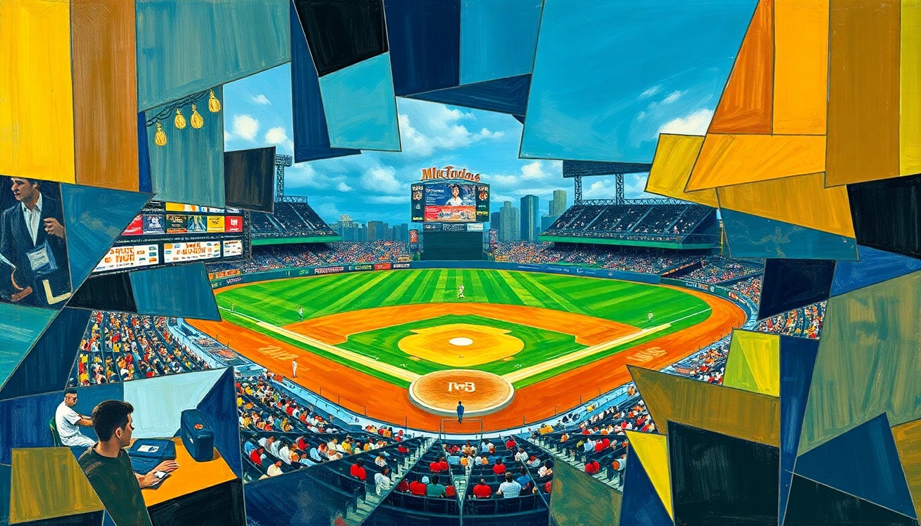 A cubist-style painting depicting a baseball game broken down into sharp, overlapping geometric shapes and planes, capturing the dynamic energy and strategic complexity of the early-season matchups.