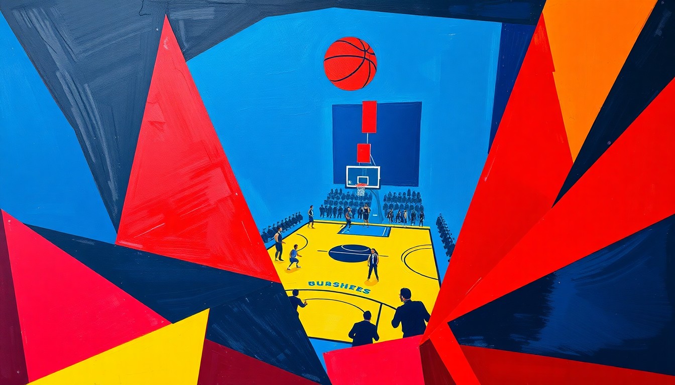 A cubist, geometric painting depicting the chaotic energy of a basketball game, with players and the court fragmented into sharp, overlapping planes of color, conveying the team-first mentality of the Thunder's star player.