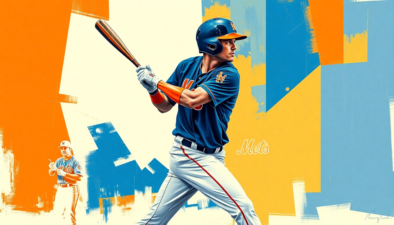 A cubist-style painting depicting a baseball player's batting stance broken down into overlapping geometric shapes and planes in the Mets' team colors of blue, orange, and white.