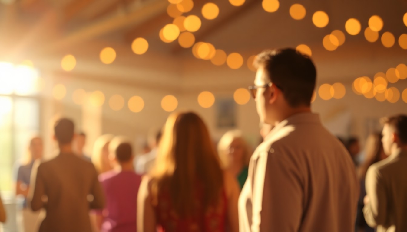 An abstract, impressionistic scene of a community gathering, with soft, blurred shapes and pools of warm, vibrant color, conveying a sense of celebration and togetherness.