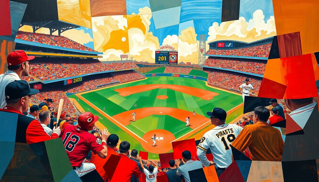 A fractured, geometric painting in vibrant red, black, and yellow hues, depicting the dynamic movements and energy of a baseball game through Picasso's cubist style.