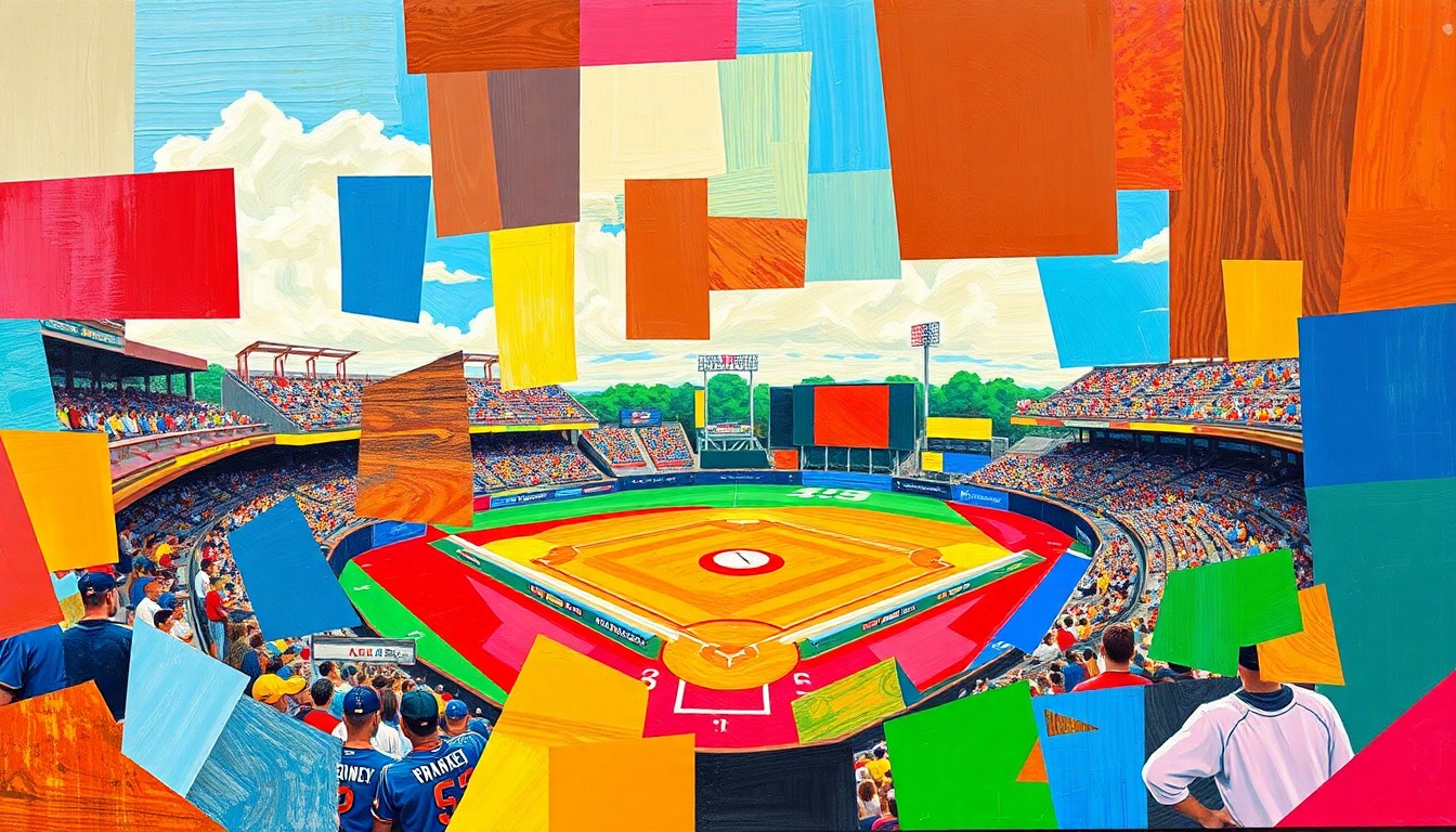 A vibrant, fragmented painting depicting a high school baseball game broken down into overlapping geometric shapes and planes of color, conveying the dynamic energy and competition of the sectional tournament.