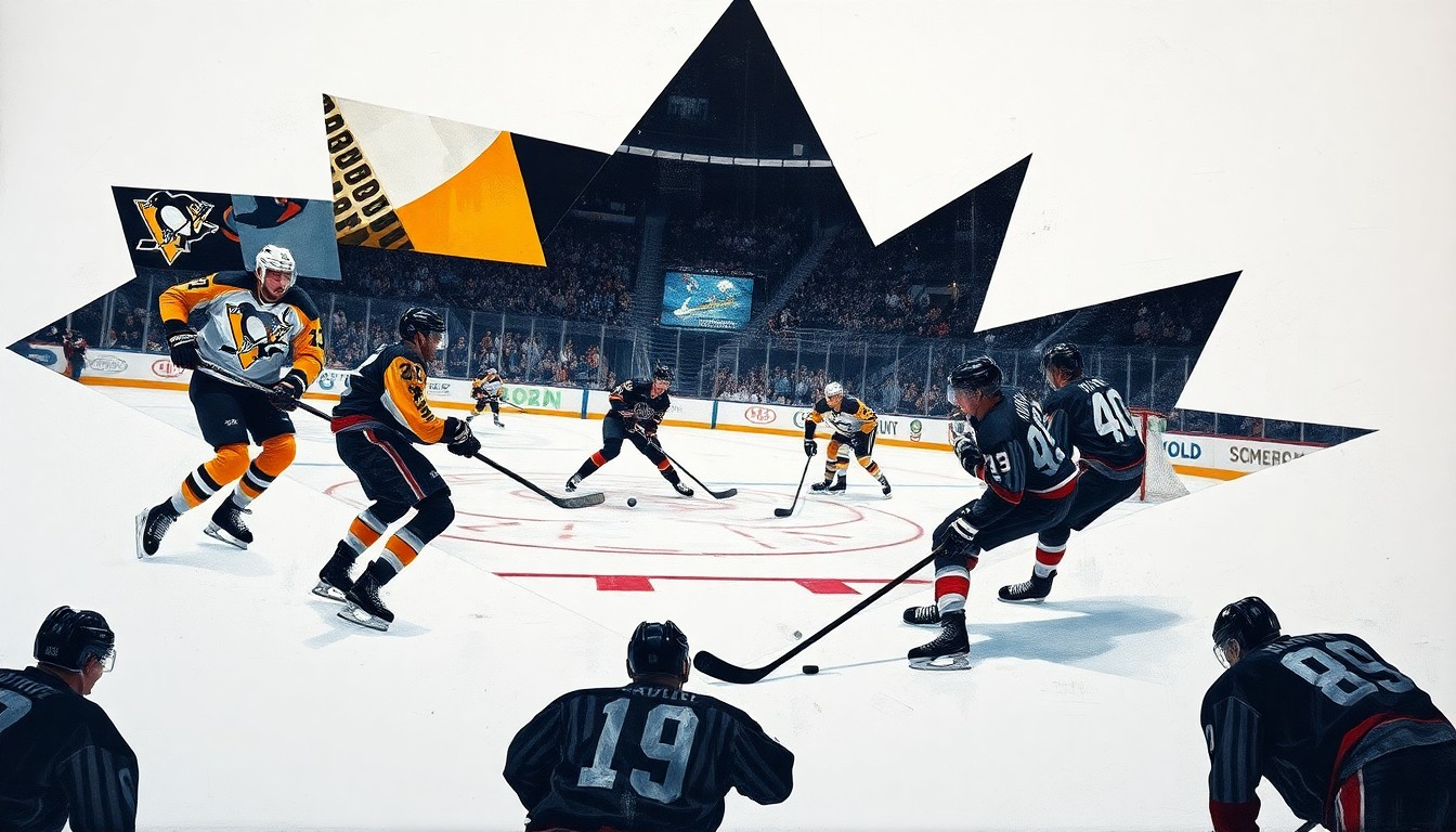 A cubist, geometric painting depicting the dynamic action of a hockey game between the Pittsburgh Penguins and New York Islanders, with the players' movements and the puck's trajectory represented through fragmented, overlapping shapes and planes.