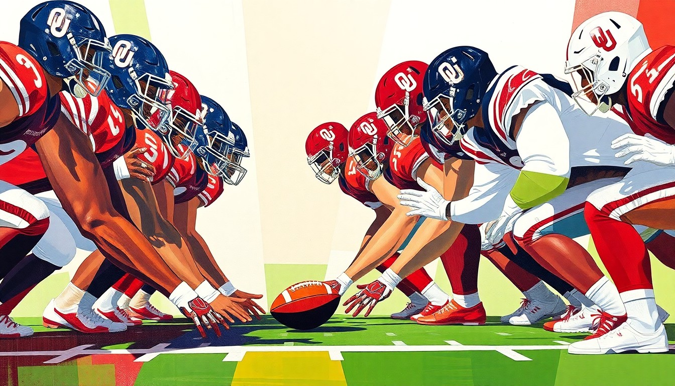 A cubist, geometric painting depicting the overlapping, fractured forms of a football offensive line, using the bright crimson and cream colors of the University of Oklahoma to conceptually represent the program's continued success in recruiting and developing elite offensive linemen.