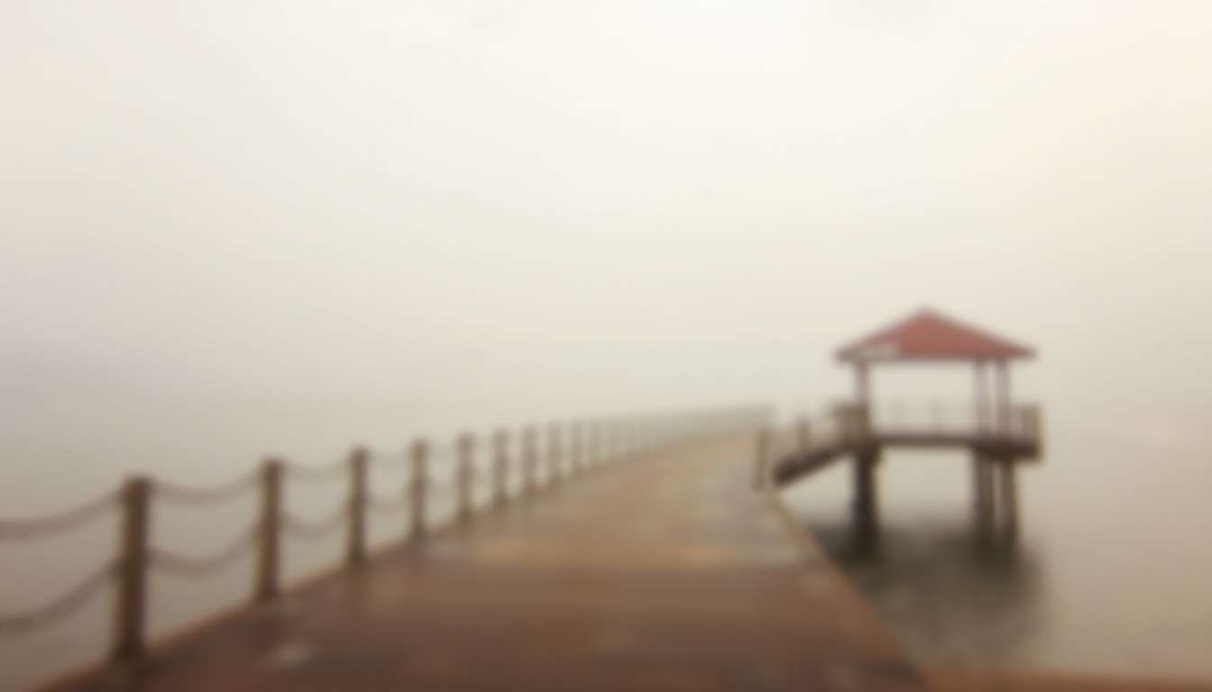 An abstract, impressionistic photograph of a blurred, hazy lakefront scene in muted shades of blue, green, and gold, evoking the tranquil atmosphere of a pier on the water.