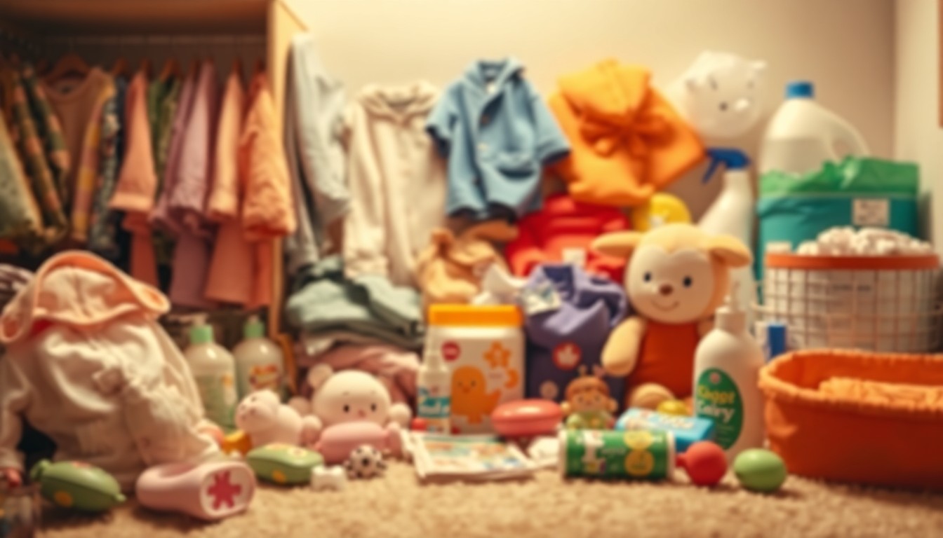 An abstract, blurred photograph in shades of orange, yellow, and pink, depicting a collection of children's clothing, toys, and hygiene products, conceptually representing the essential supplies provided by the Chaos Closet to support foster youth.