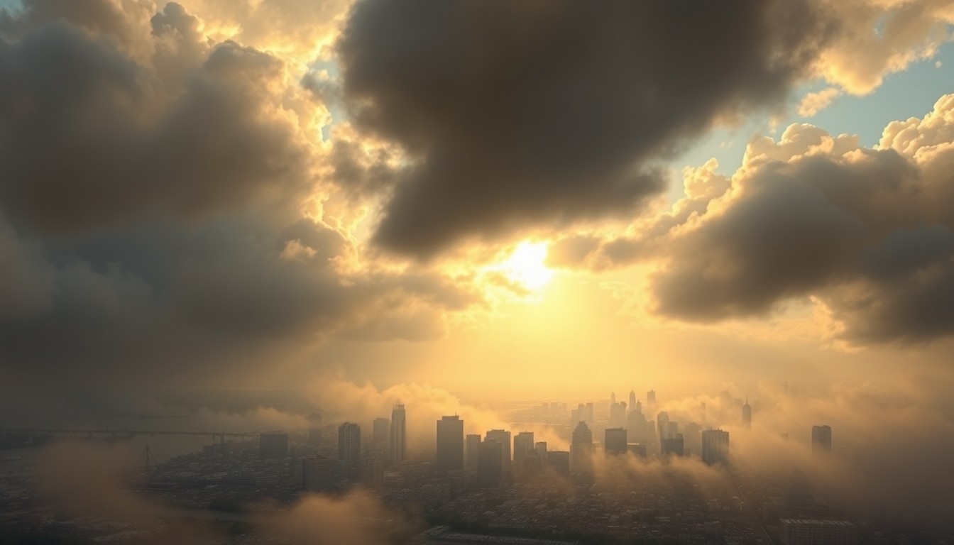 A sweeping, atmospheric landscape painting depicting a fog-shrouded cityscape of Baltimore's harbor and skyline, with the sun breaking through the clouds and casting a warm, golden glow over the scene, emphasizing the overwhelming scale and power of the natural elements.
