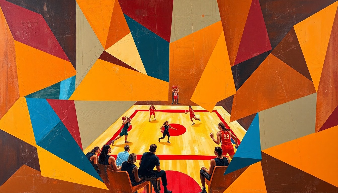 A cubist, geometric painting in warm orange, blue, and red tones, depicting the dynamic action and movement of a women's basketball game in an abstract, fragmented style.