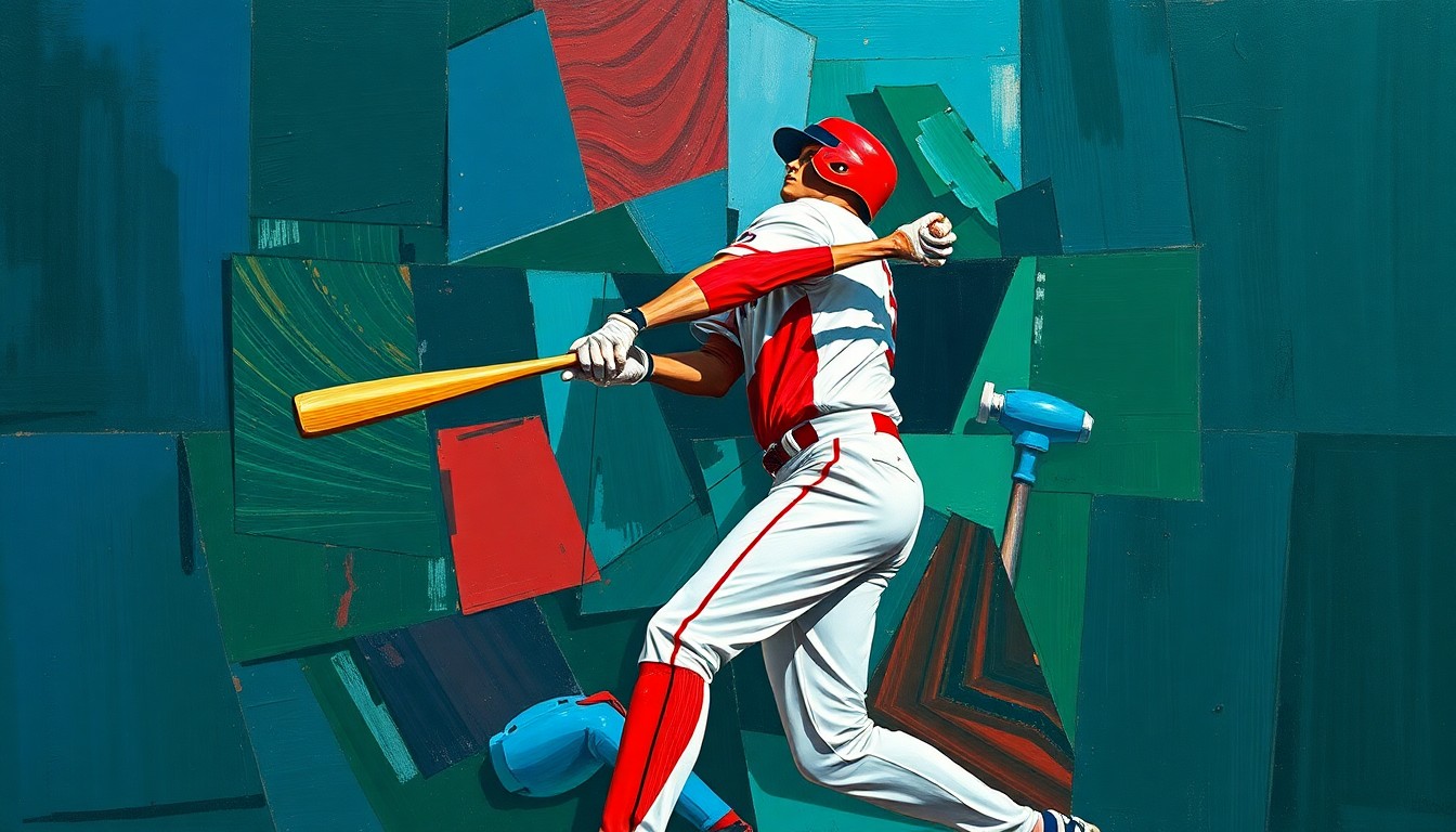 A cubist, geometric painting depicting a baseball player in motion, with sharp planes of color and overlapping perspectives conveying the dynamic energy of the sport.