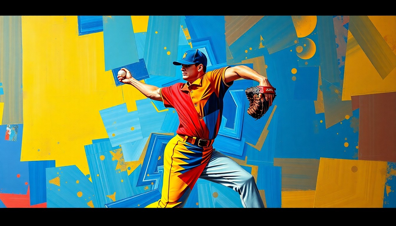 A cubist, geometric painting depicting the various angles and movements of a baseball pitcher's delivery, rendered in vibrant colors like blue, red, and yellow.
