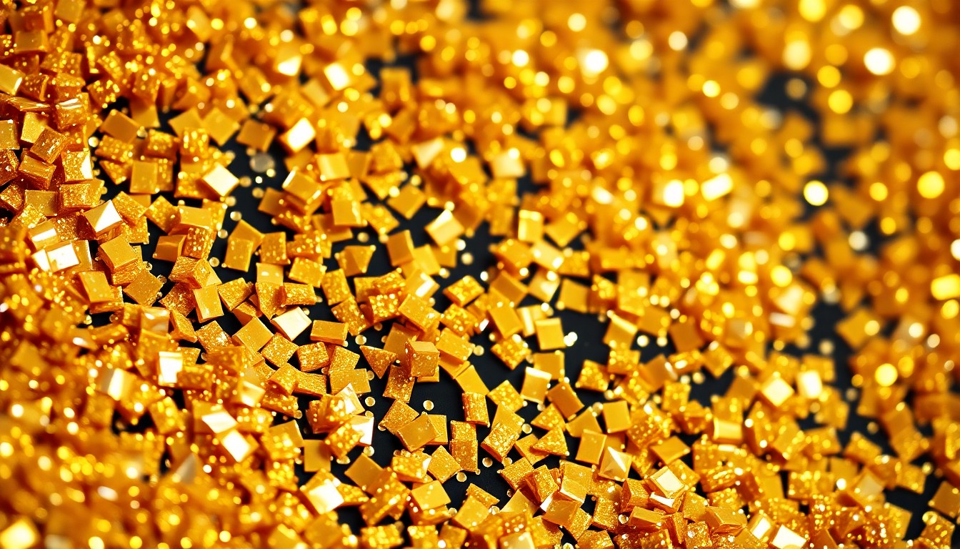 An abstract close-up image featuring a textured, high-contrast composition of shimmering gold sequins and glittering disco ball fragments, conveying the glamorous, energetic atmosphere of a live concert performance.