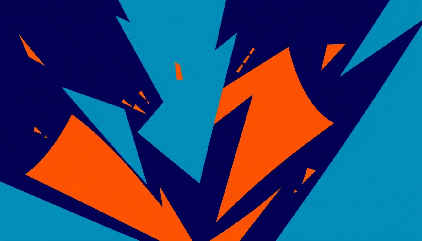An abstract illustration featuring bold, angular shapes in shades of blue and orange, capturing the dynamic spirit of a live indie rock concert.