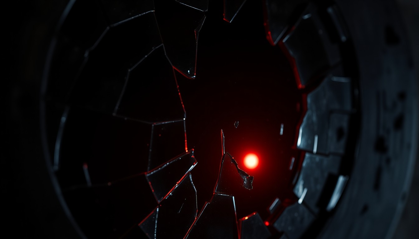 An abstract, high-contrast close-up photograph of shattered glass reflecting a faint red glow, conveying the gritty, intense tone of The Walking Dead.