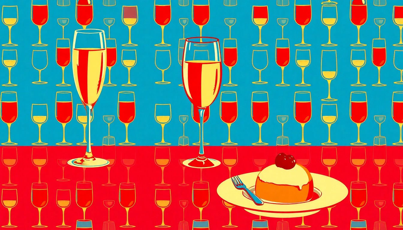 A bold, colorful silkscreen print featuring repeated images of champagne flutes, wine glasses, and dessert plates, capturing the celebratory mood of an elegant community event.
