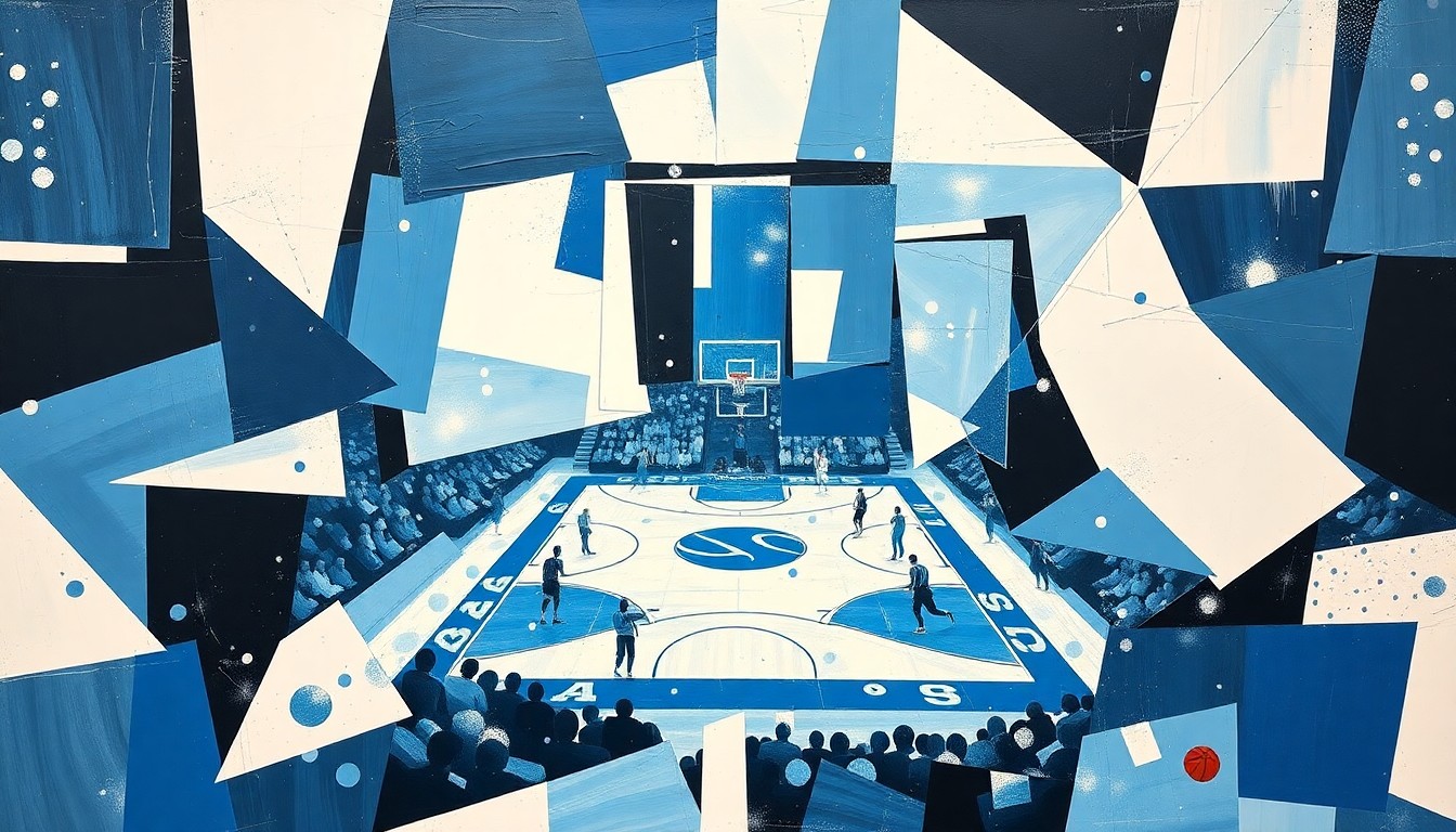 A fragmented, geometric painting in shades of blue, white, and black, depicting the action and movement of a basketball game through abstract, overlapping shapes and planes.