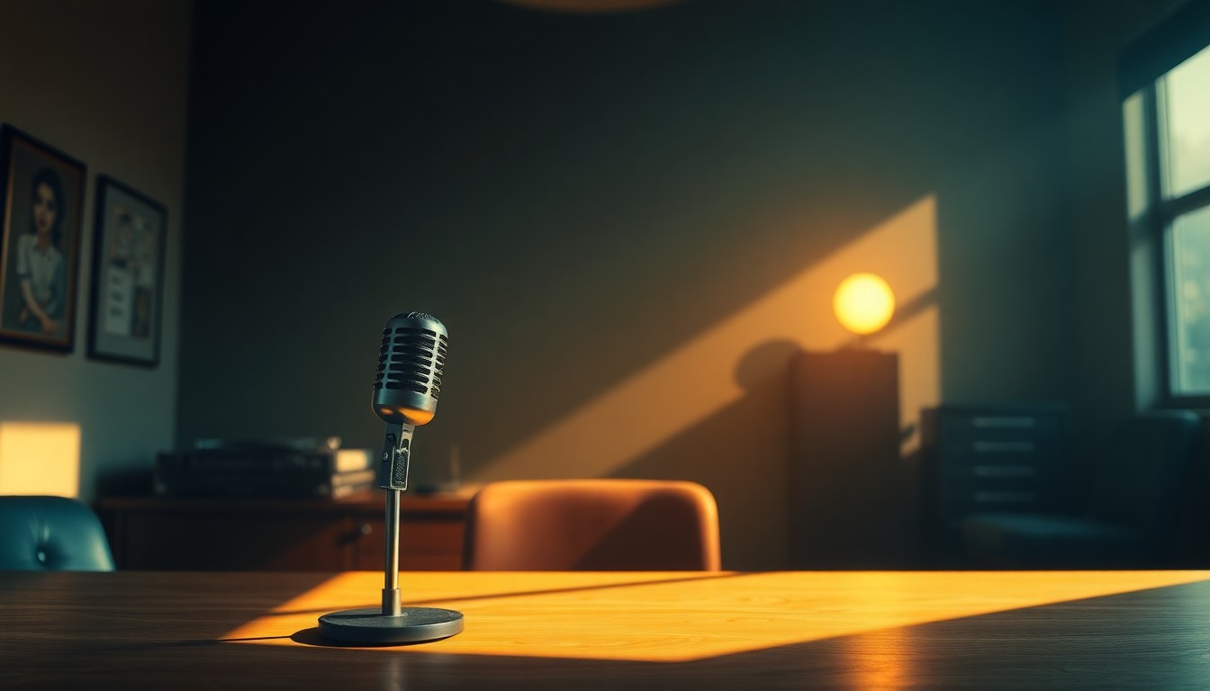 A close-up view of a vintage public radio microphone sitting alone on a wooden desk in a dimly lit, nostalgic office space, conceptually representing the importance of preserving independent public media.