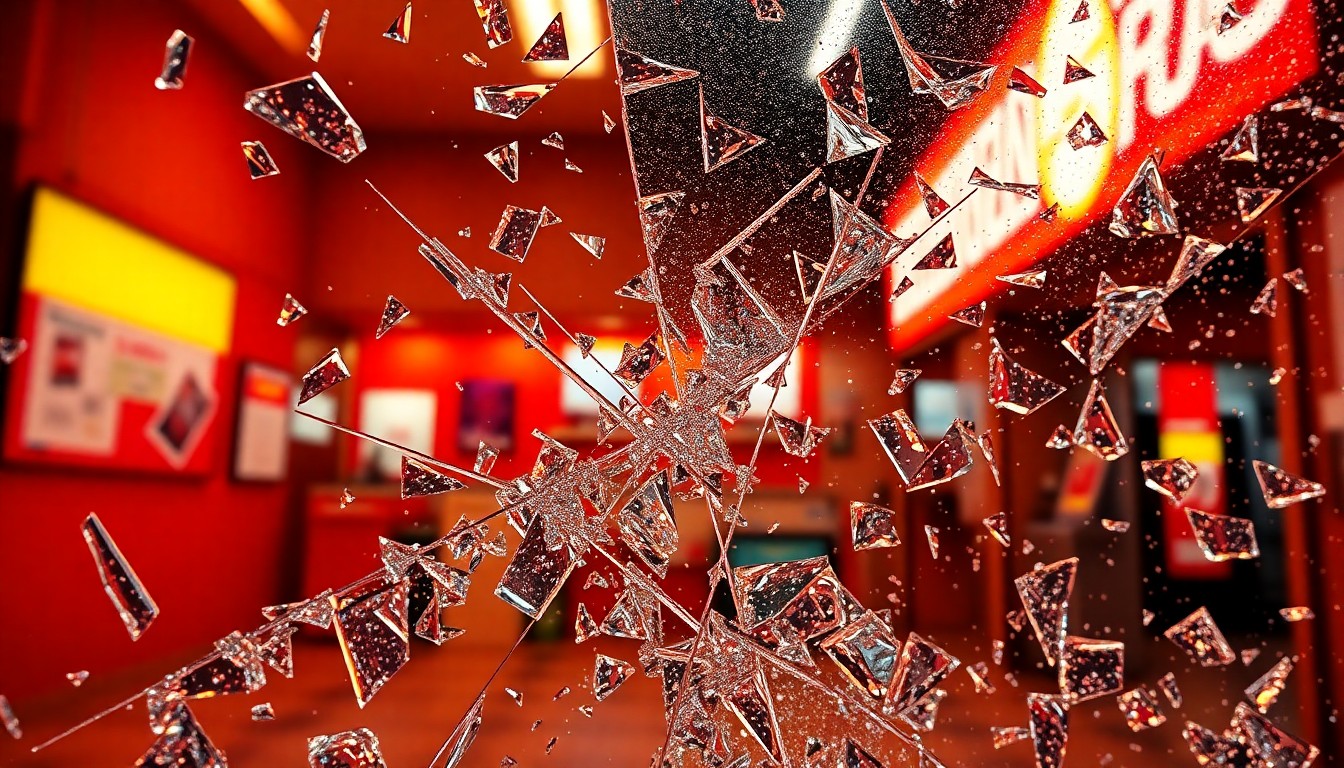 An abstract close-up image of shattered glass and glittering shards, capturing the high-contrast glamour and drama of the iconic 'Bill and Ted' convenience store setting.