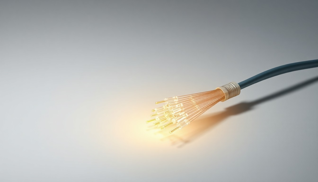 A close-up photograph of a bundle of shiny, metallic fiber optic cables arranged in an elegant, minimalist composition against a plain, dark background, symbolizing the critical role of this infrastructure in connecting the world.