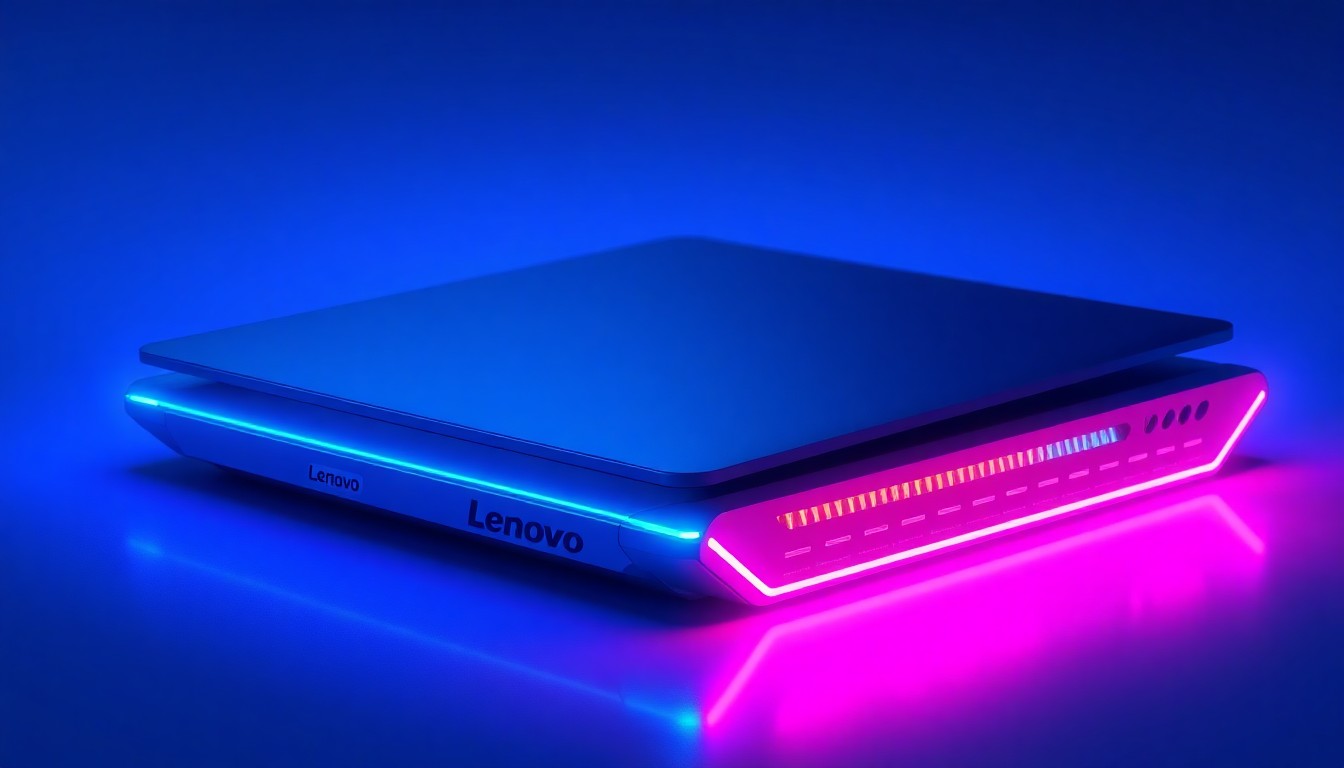 A highly detailed, glowing 3D illustration of a futuristic laptop or tablet device with neon cyan and magenta lights emanating from the edges and ports, conceptually representing Lenovo's innovative consumer electronics technology.