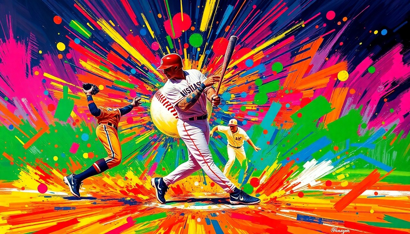 An abstract expressionist painting in vibrant neon colors, with rapid brushstrokes capturing the energy and motion of a baseball game-winning hit, the players and ball dissolving into colorful splatters.