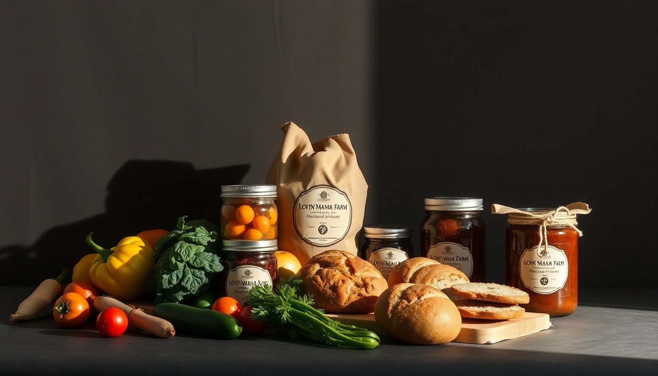 A high-end studio still life photograph featuring an elegant arrangement of fresh organic vegetables, jars of preserves, and artisanal baked goods from Lovin' Mama Farm, conveying the quality and craftsmanship of the new cafe's farm-to-table offerings.