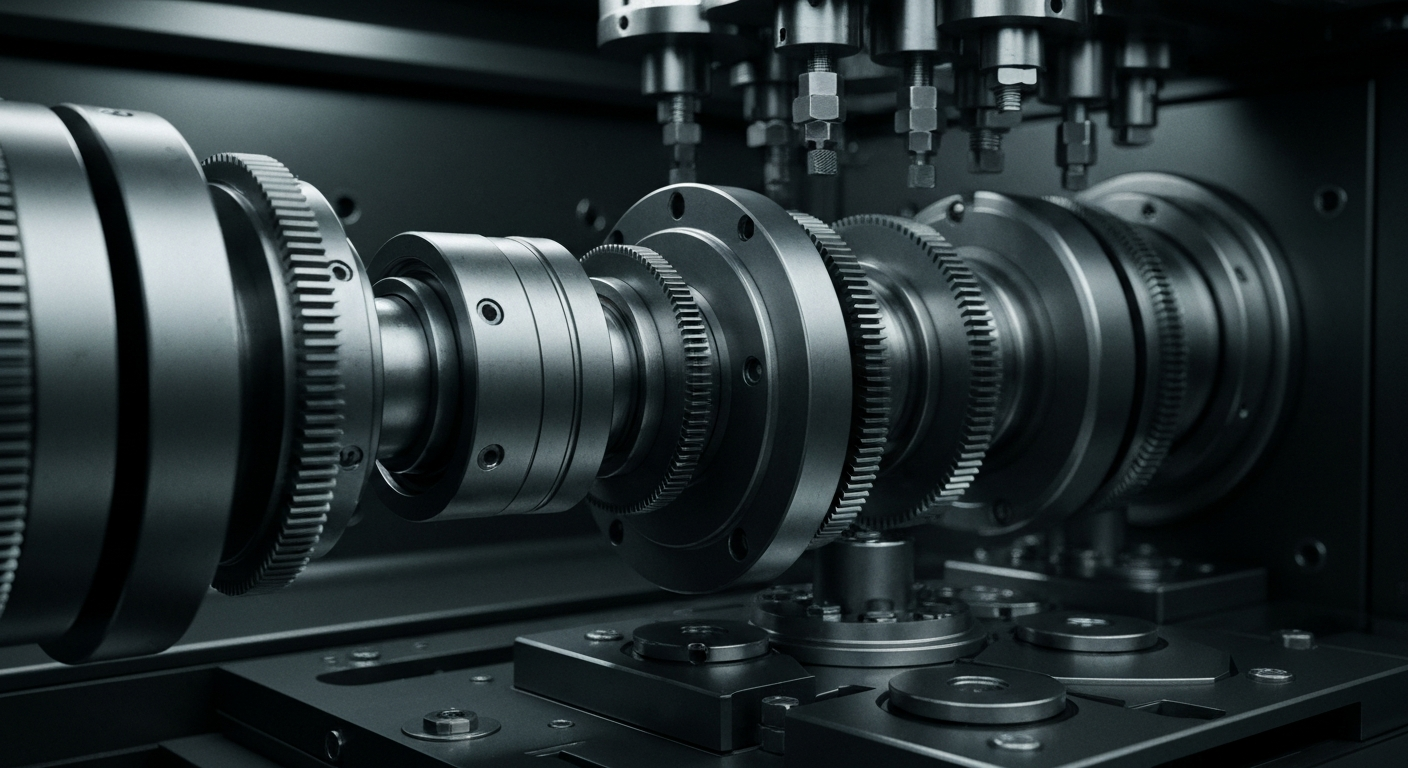 An extreme close-up of the intricate, metallic components of a semiconductor testing machine, conveying the complex, industrial nature of Cohu's business through a cinematic, high-contrast visual style.