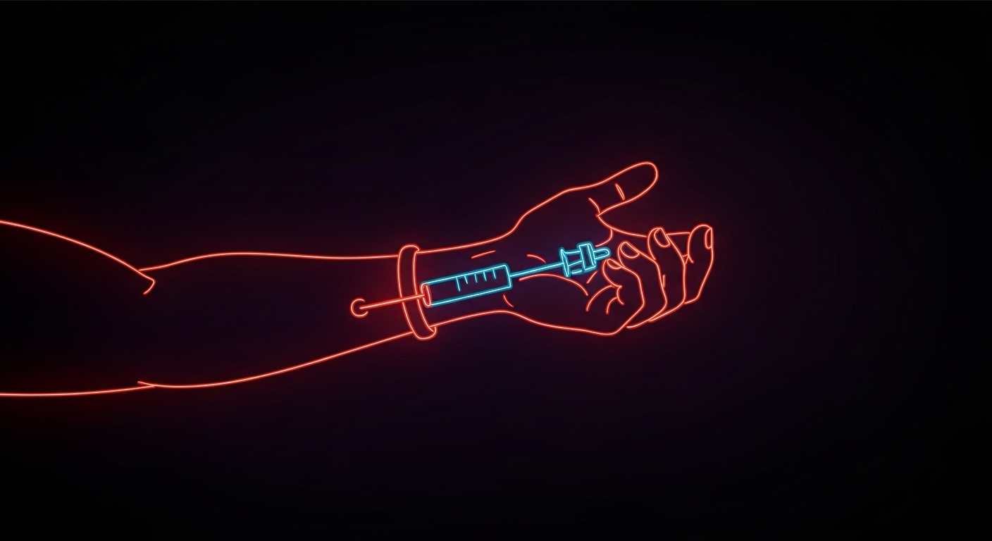 A minimalist illustration in vibrant neon lines depicting the outline of a human arm with a blood donation needle, conceptually representing the act of giving blood to help others.